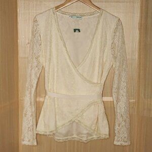 Maurices Womens New Cream Lacey Faux Wrap Faux Wrap Top With Ribbon Belt Medium.